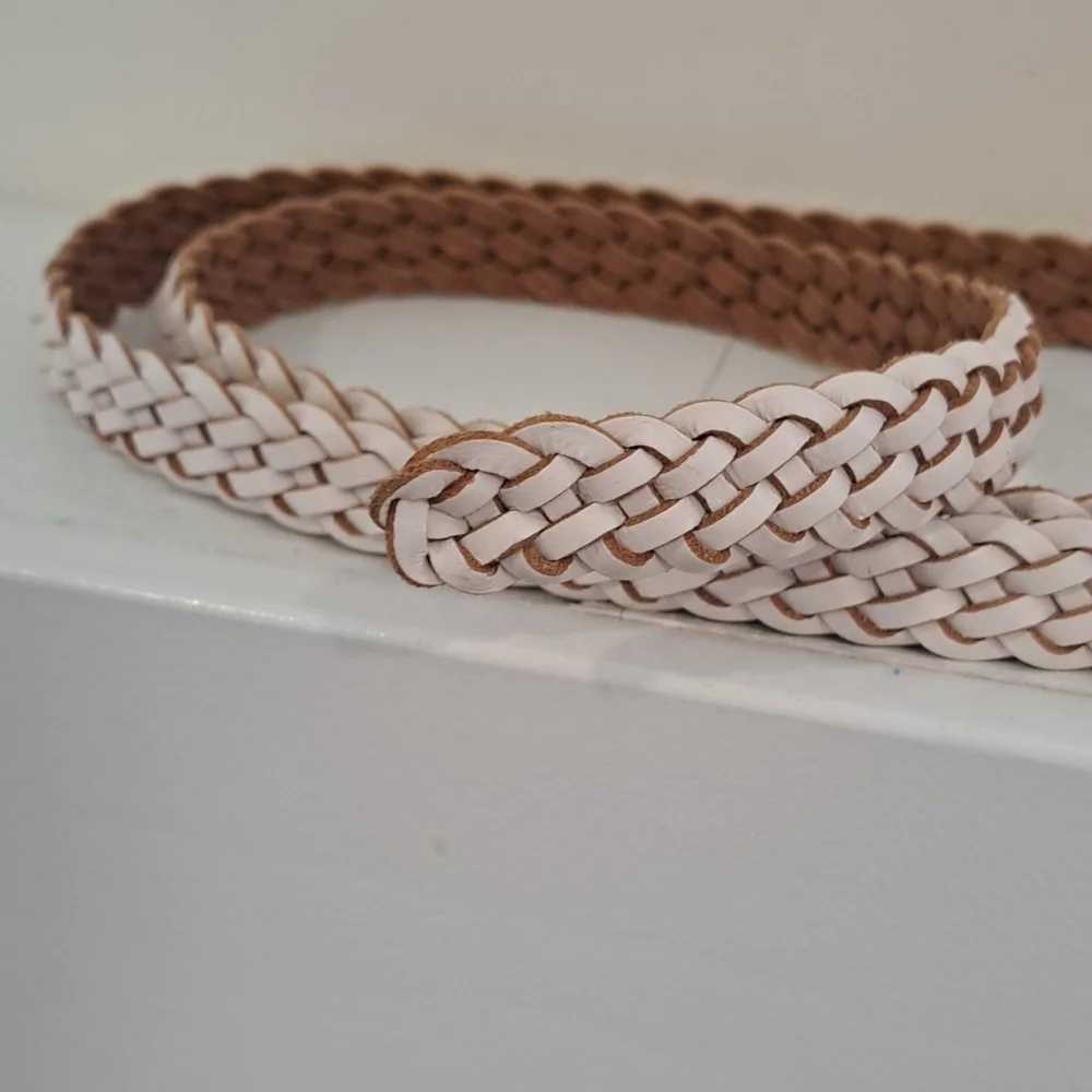 Vintage 90s J Crew White And Brown Leather, Braided Classic Belt, Size L/XL. - Picture 5 of 5